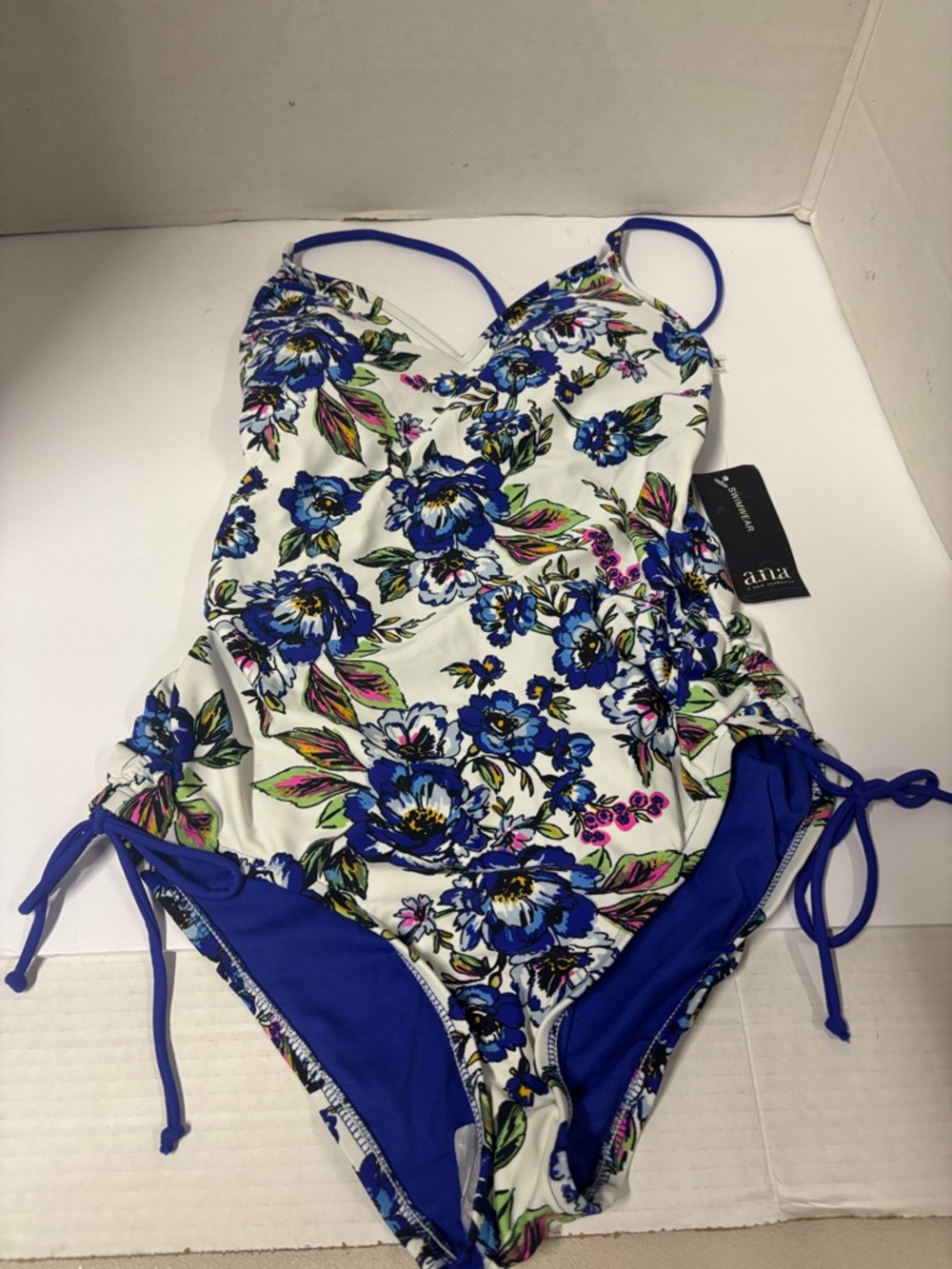 a.n.a White Floral One-Piece Swimsuit with Blue Accents